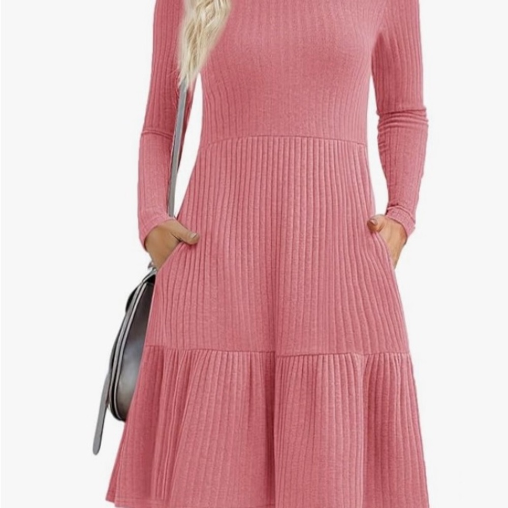 Zeagoo Pink Long Sleeve Ribbed Knee Length Dress